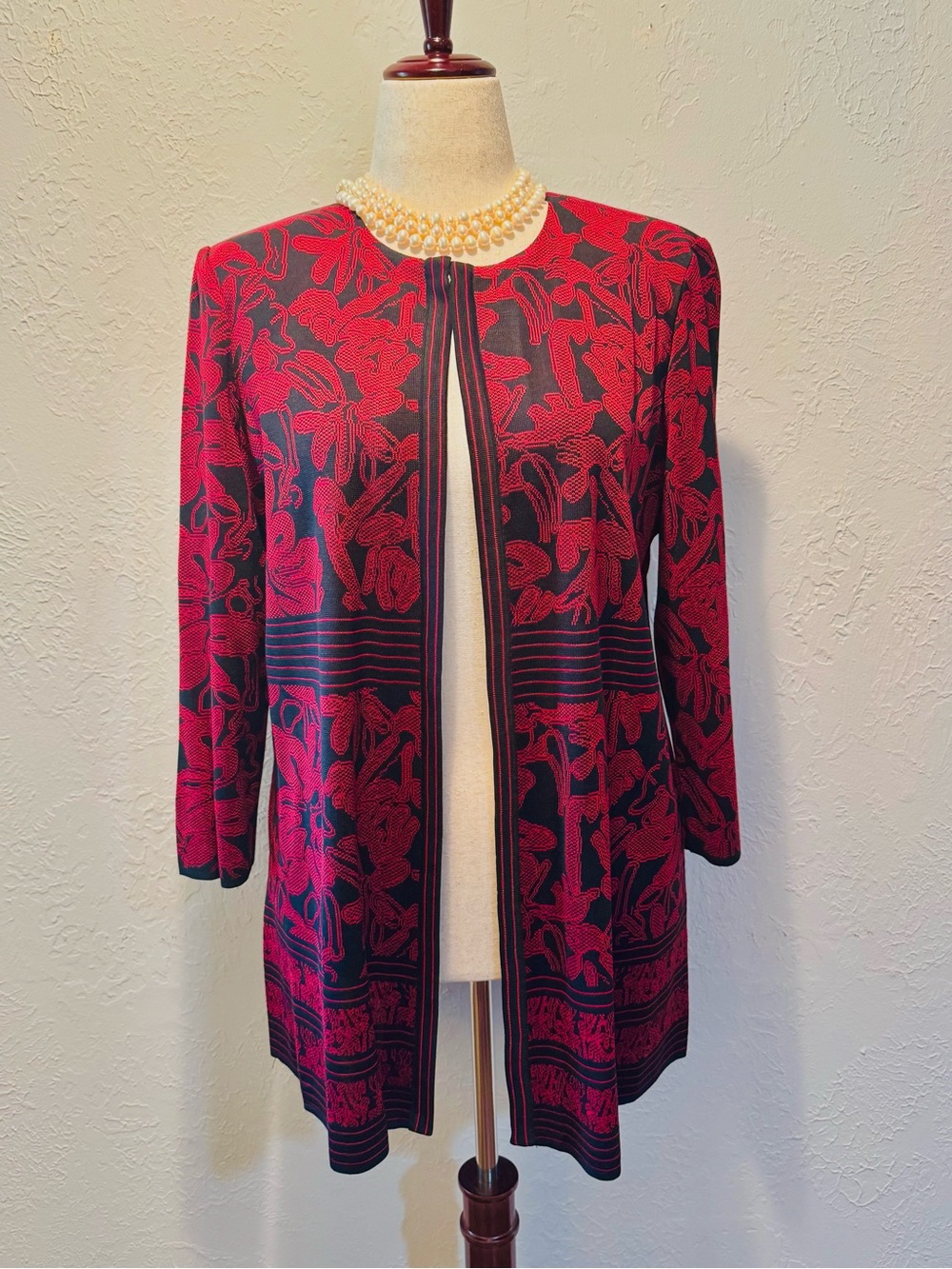 Ming Wang Red and Black Floral Longline Open Jacket